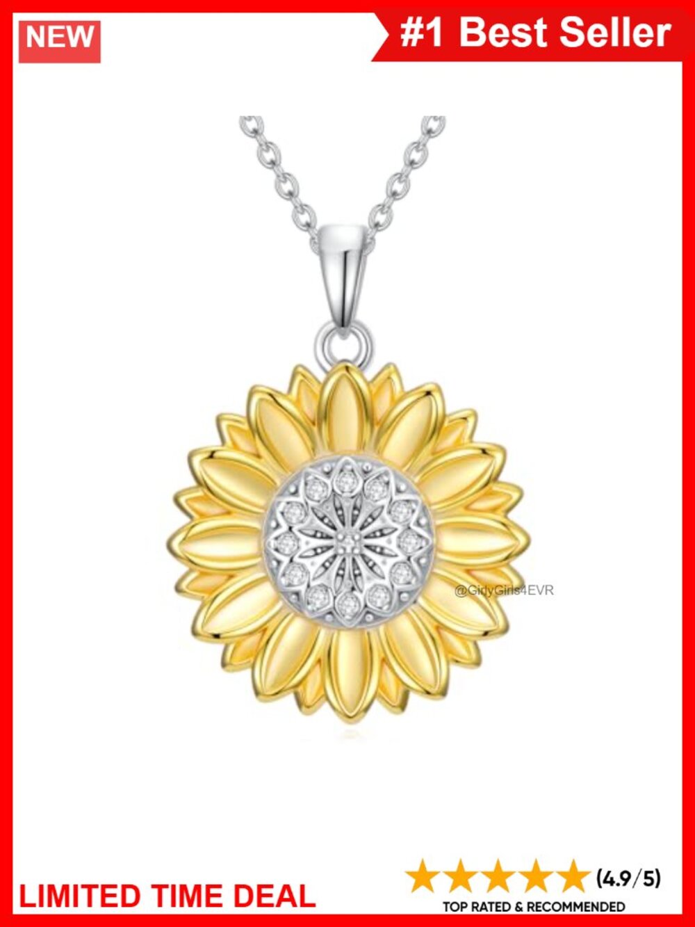 Natural Diamond Sunflower Necklace 18K Gold Plated Sterling Silver Pendant